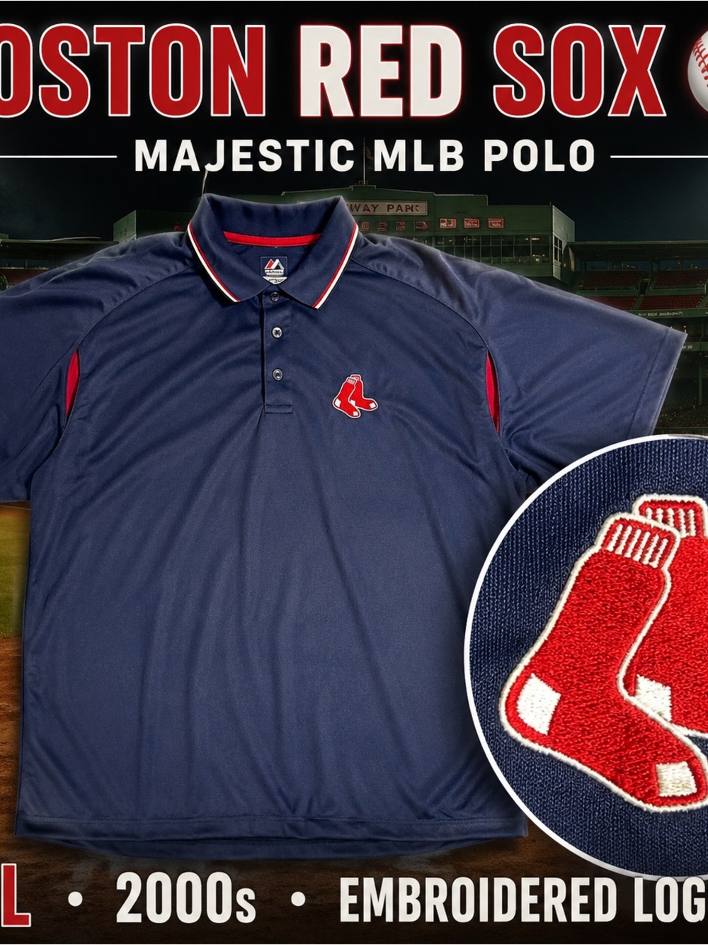 Boston Red Sox Majestic MLB Polo Shirt 2XL Navy Embroidered Logo Y2K 2000s
